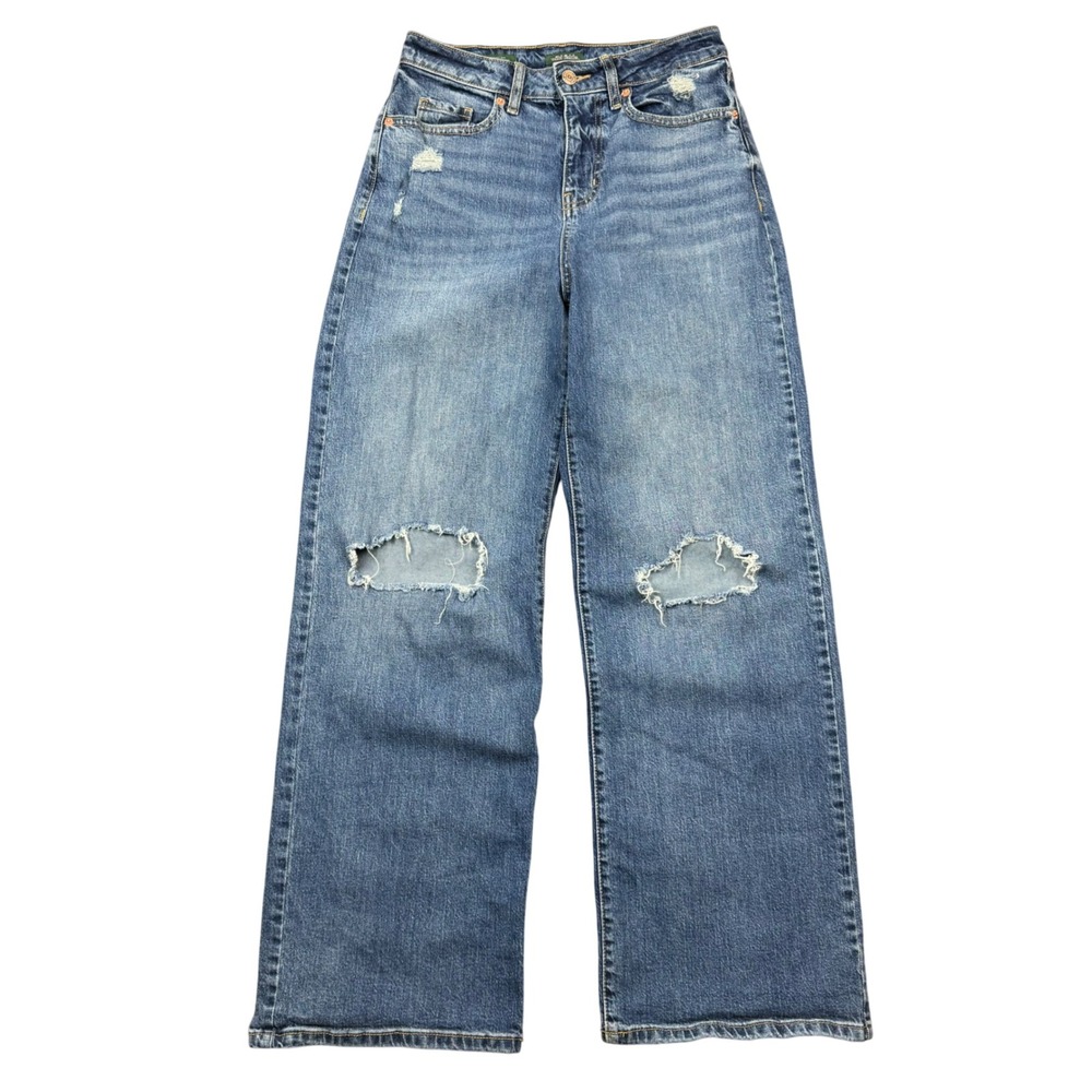 High-Rise Baggy Distressed Wide Leg Jeans Blue Womens 4/R Medium Wash Denim